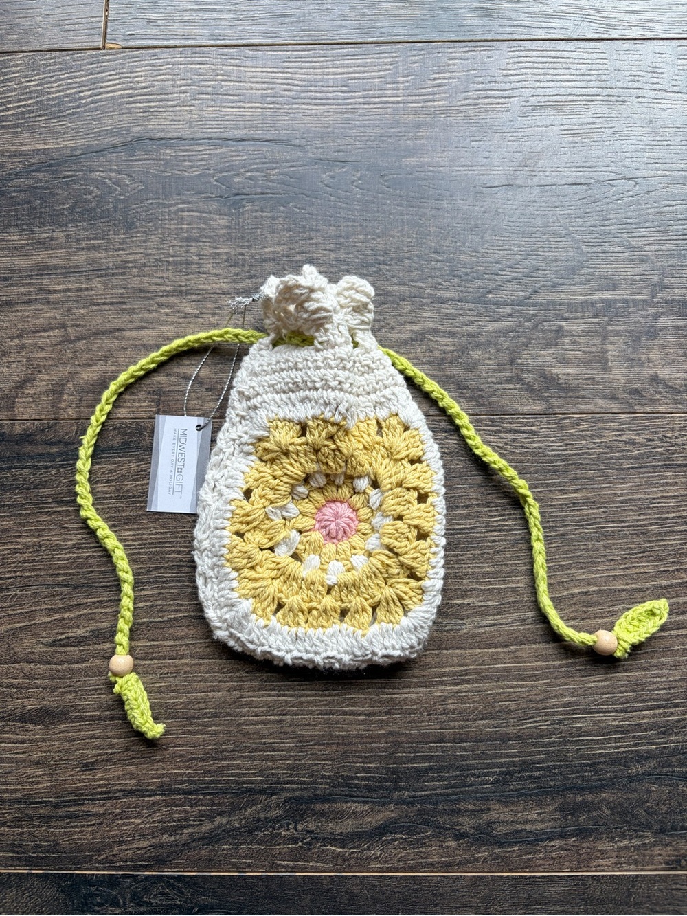 Crochet Drawstring Pouch - Yellow, Cream & Pink